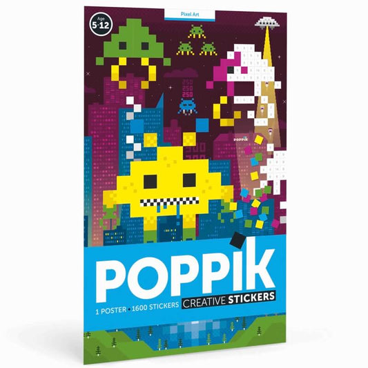 1 poster et 1600 stickers à coller. A partir de 5 ans jusque 12 ans. Activité loisir Poppik. Un monde de pixel.