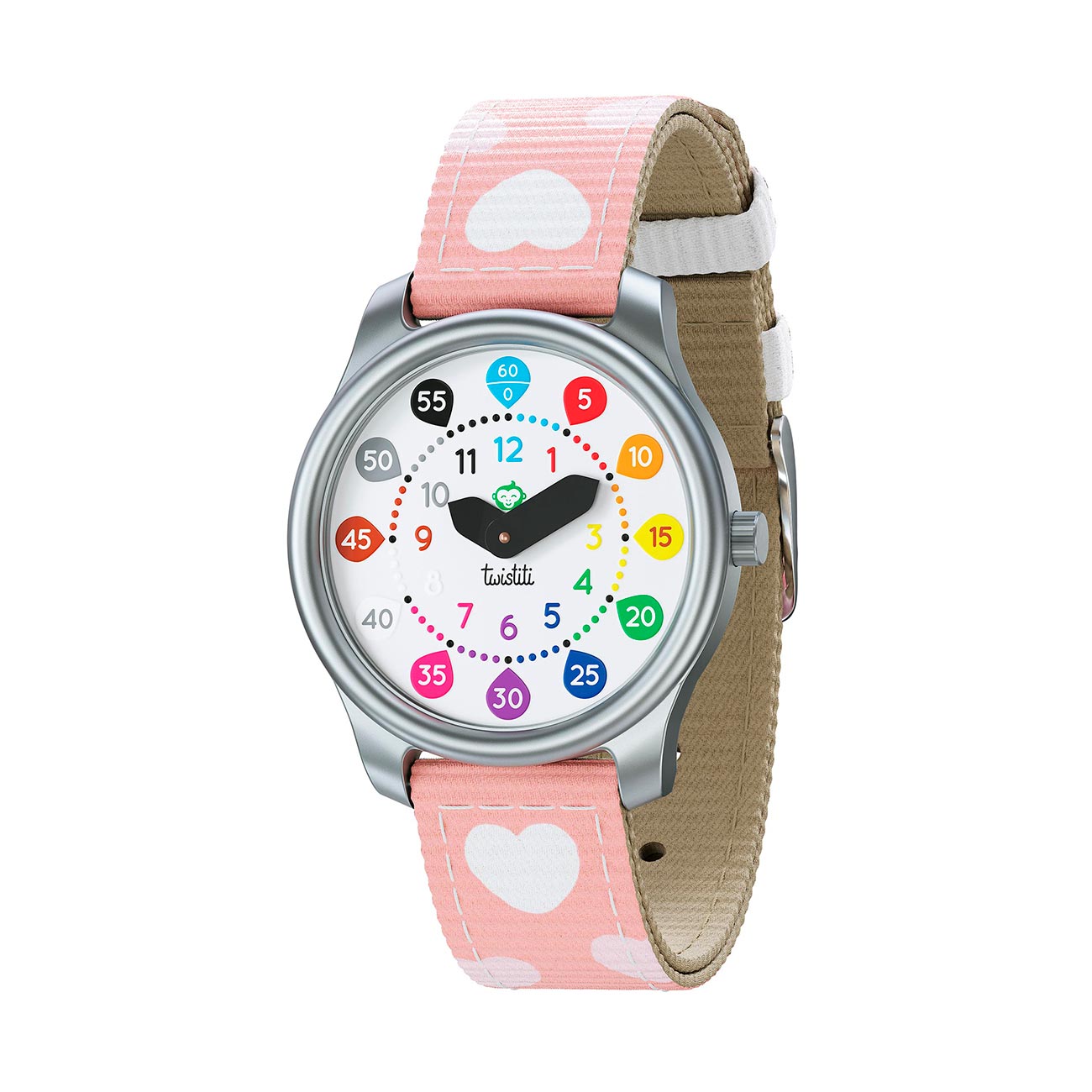 Visuel montre avec boitier nombre et bracelet coeurs blancs sur fond rose. Montre Twistiti.